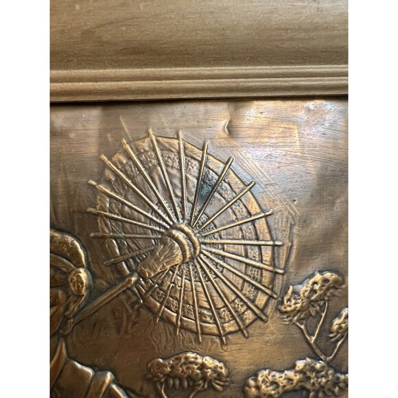Oriental Pressed Copper Metal Vintage Framed Artwork Asian Man & Woman As Is 70s - Picture 6 of 16